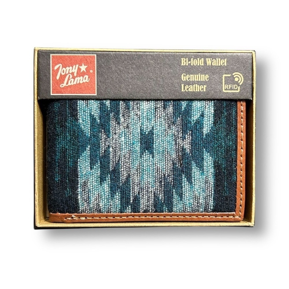 New Tony‎ Lama Blue Gray Aztec Bifold Wallet Canvas Leather Western RFID Cowboy